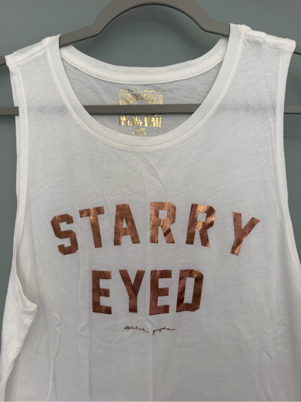 Spiritual Gangster "Starry Eyed" White Rose Gold Graphic Muscle Tank Top - Picture 6 of 15